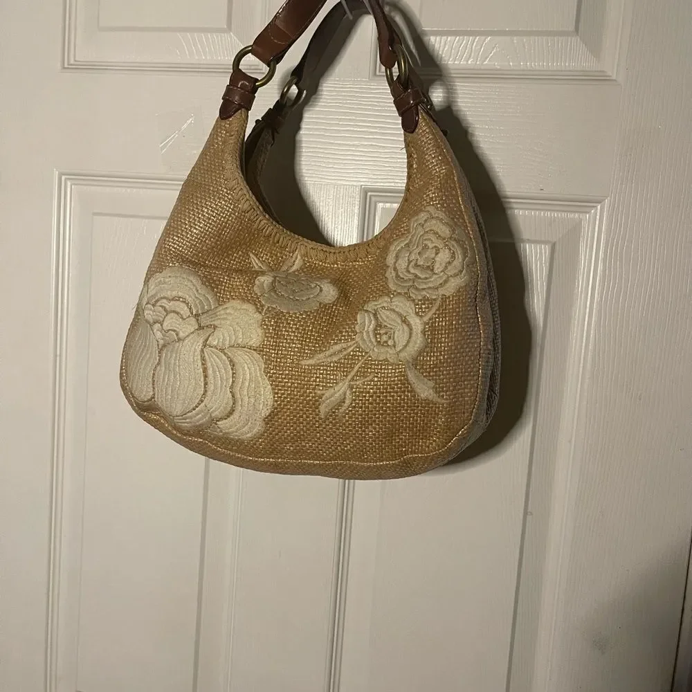 Forth & Towne Cognac synthetic woven Satchel beige embroidery tan leather straps